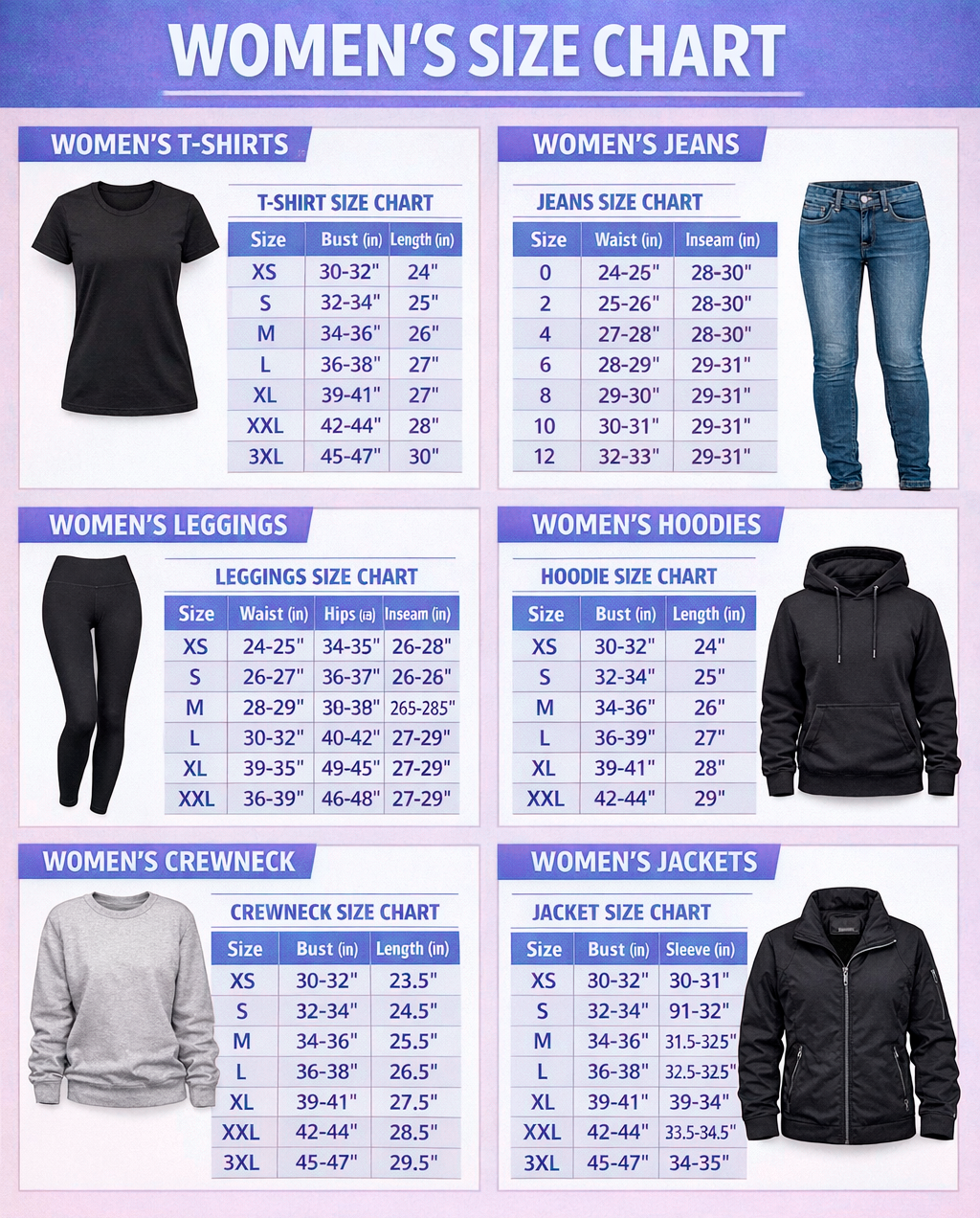 Mens and Women's Size Chart